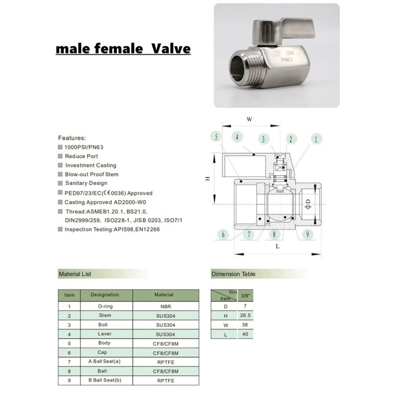 Ball Valve Male x Female 3/8in 1000psi Image 1