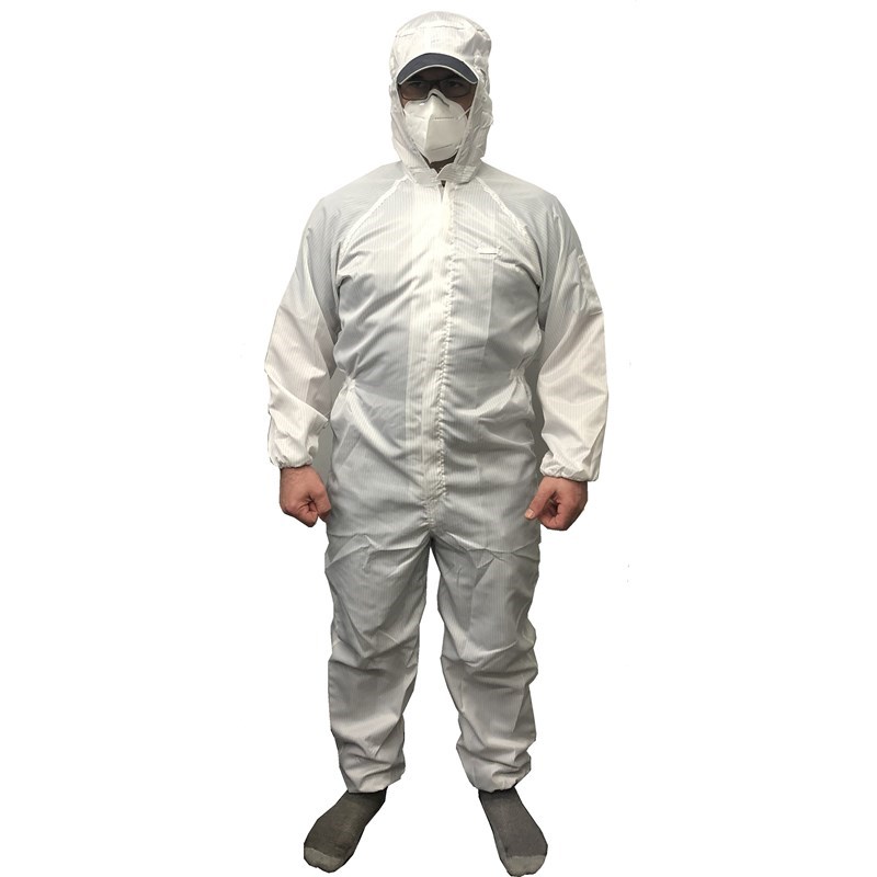 Coverall White Medium Pinstriped with Hood Reusable Polyester